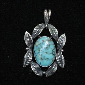 Vintage V.D. Sterling Silver & Turquoise Native American Pendant with Feathers